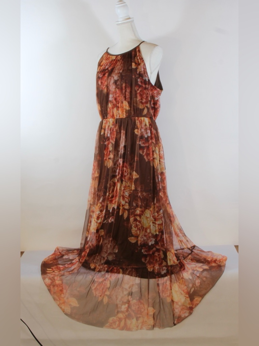 Candalite Floral Brown Sleeveless Maxi Dress with Ruffled Skirt NWOT - Picture 2 of 12